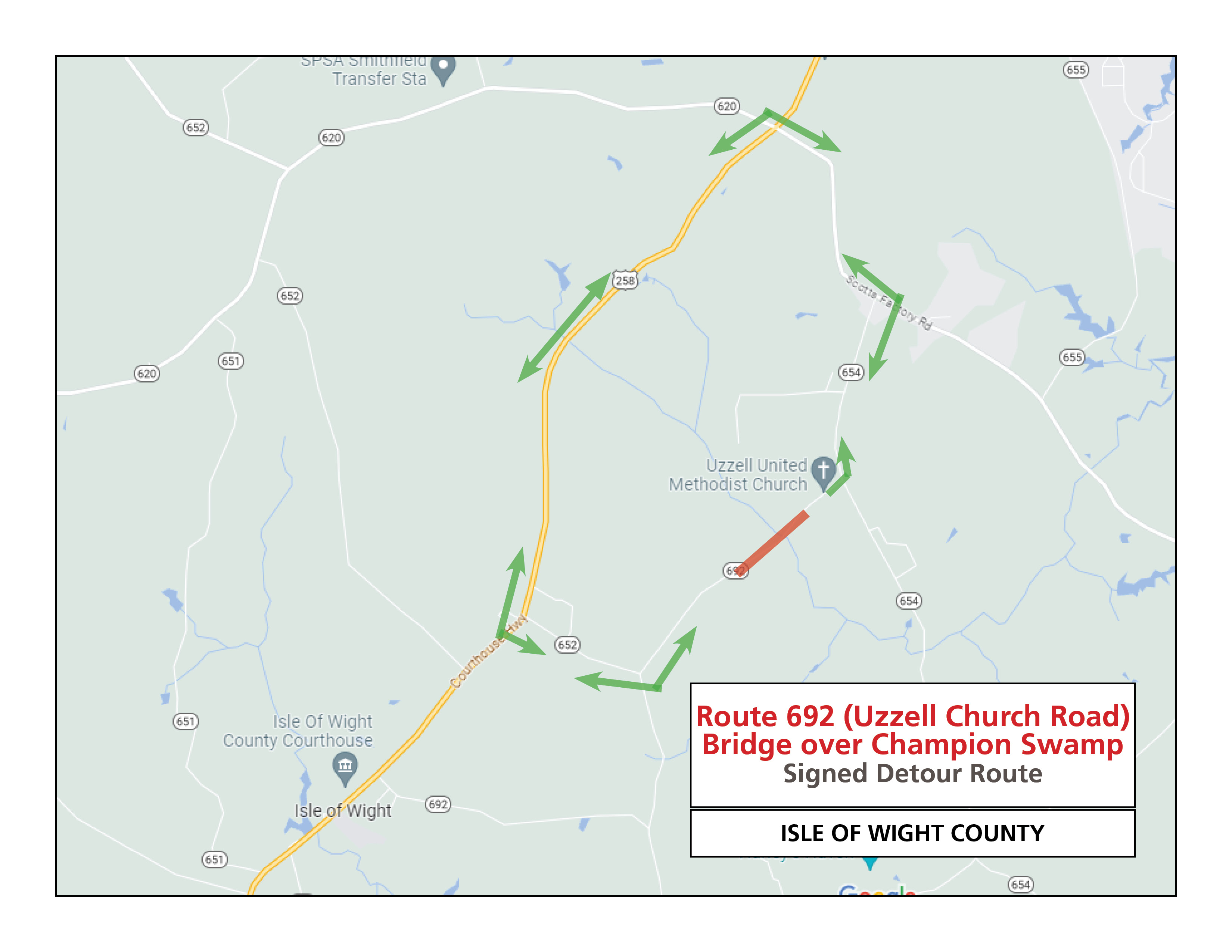 Detour route for Route 692 during bridge reconstruction.