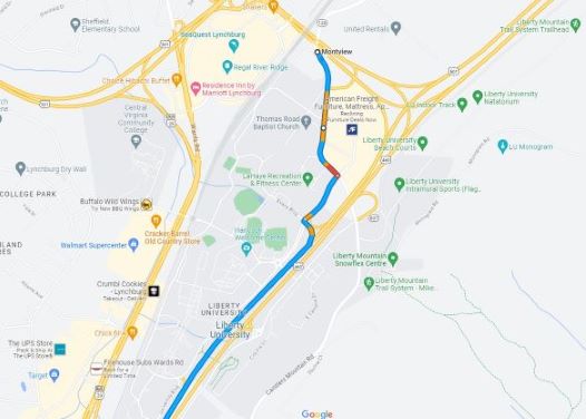 Map showing detour on Candlers Mountain Road to Route 460 West in Lynchburg 10/25-10/26