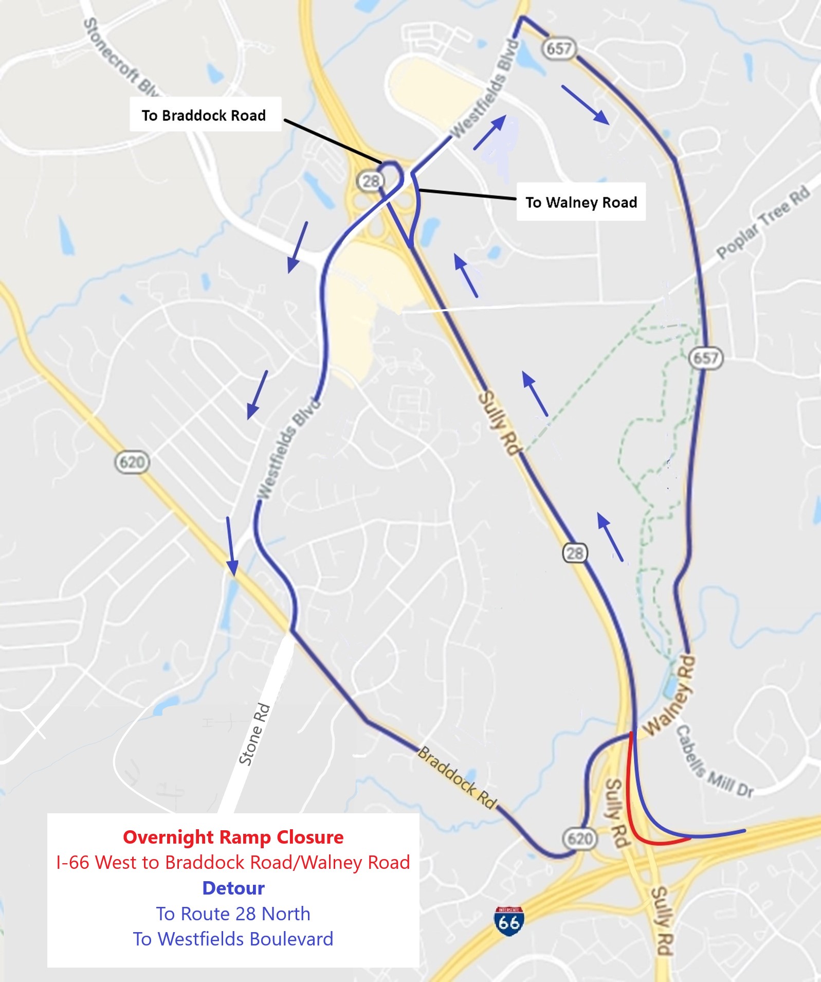 Detour for closure of ramp from I-66 West to Braddock Road/Walney Road