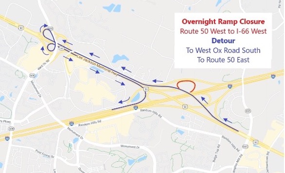 Overnight Closure of Ramp from Route 50 West to I-66 West Planned Tonight, Monday, September 11 